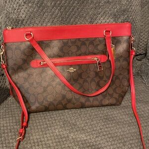 Authentic Coach brown and red crossbody or tote bag. Great work bag, like new.